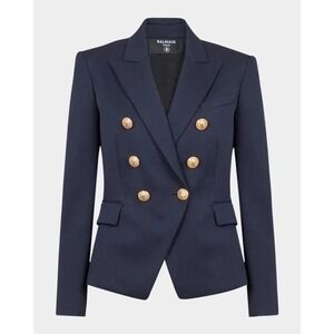 Balmain Paris Navy Blue Double Breasted Blazer Jacket Gold Buttons Size 36 US 2